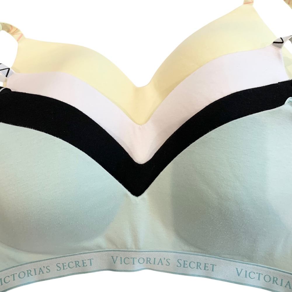 Victoria Secret Lot of 4 Wireless T-Shirt Bras 34D Black White Mint Yellow